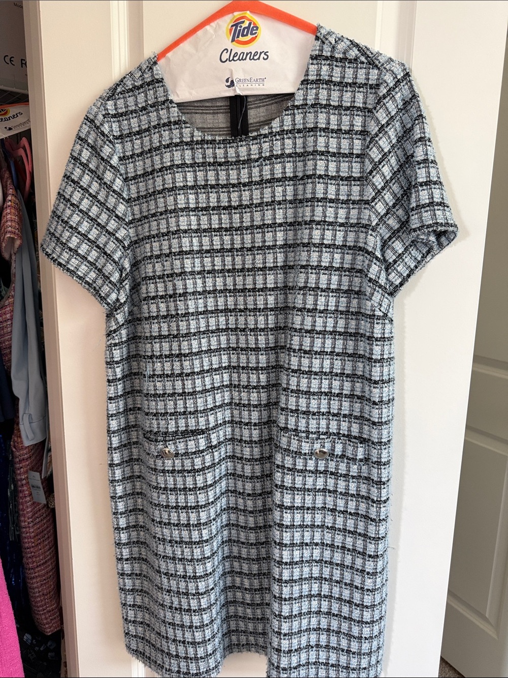 LOFT Light Blue and Black Plaid Shift Dress